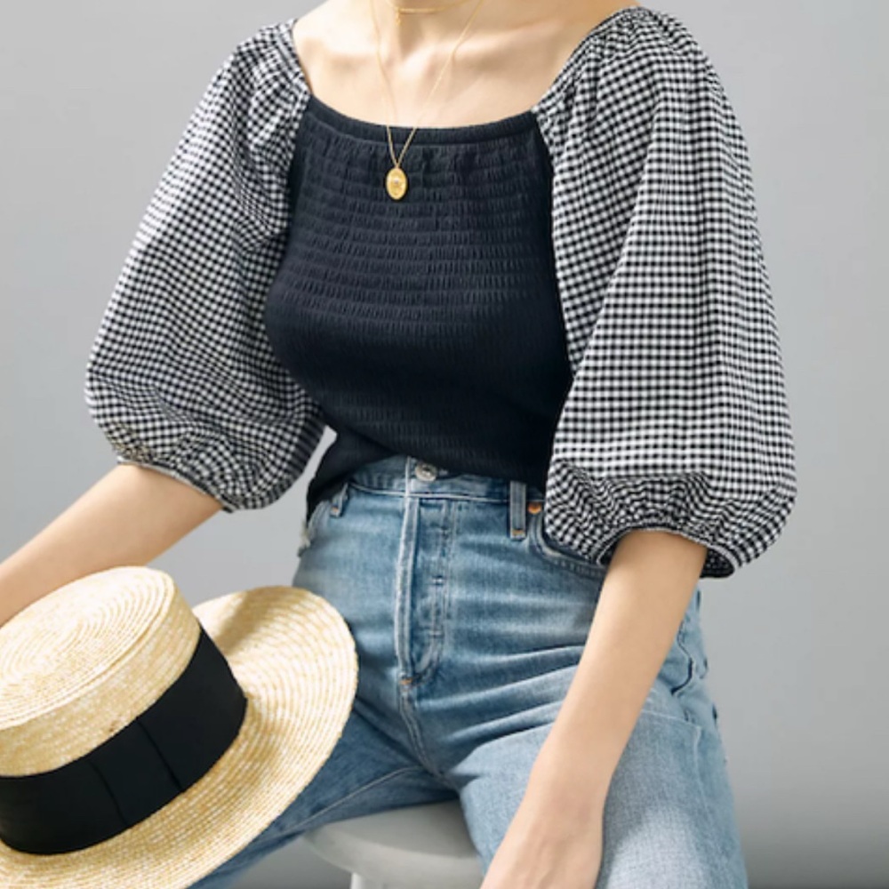 Black and White smoked gingham Puff Sleeve shirt Anthropologie